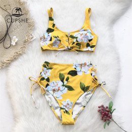 CUPSHE żółty kwiatowy drukuj Bikini ustawia kobiet wysoka talia Lace Up dwa kawałki stroje kąpielowe 2019 dziewczyna Sexy plaża 