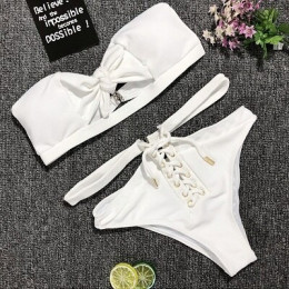 2019 Sexy stroje kąpielowe kobiety oddzielne bikini Set biały łuk krawat bez ramiączek biustonosz strój kąpielowy wysokiej talii