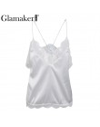 Glamaker elegancki v neck haft koronka kobiety topy i koszulki Satin różowy backless luźne lato podkoszulek z camisole top kobie