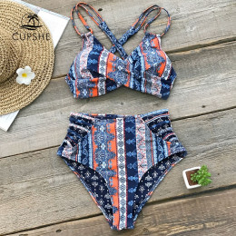 CUPSHE Boho drukuj krzyż z przodu Push Up Bikini zestawy kobiety Lace-up Strappy dwa kawałki stroje kąpielowe 2019 dziewczyna Se