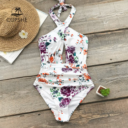 CUPSHE kwiatowy Print Ruched Halter jednoczęściowy strój kąpielowy kobiety krzyż wycięcie Monokini stroje kąpielowe 2019 dziewcz