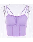 BOOFEENAA wzburzyć wykończenia fioletowy słodkie Sexy Crop Top kobiety Clubwear Cami Tank Tops Backless Spaghetti pasek Top kosz