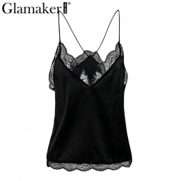 Glamaker elegancki v neck haft koronka kobiety topy i koszulki Satin różowy backless luźne lato podkoszulek z camisole top kobie