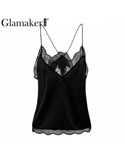 Glamaker elegancki v neck haft koronka kobiety topy i koszulki Satin różowy backless luźne lato podkoszulek z camisole top kobie