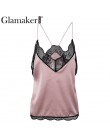 Glamaker elegancki v neck haft koronka kobiety topy i koszulki Satin różowy backless luźne lato podkoszulek z camisole top kobie