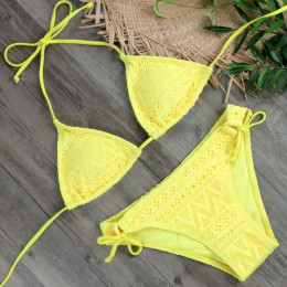 2019 dziewczyny Sexy koronkowe Bikini zestaw stroje kąpielowe żółty Push Up strój kąpielowy Monokini kobiet kostiumy kąpielowe m