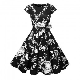 Czarny biały Polka Dot sukienka w stylu Vintage lato kobiety Floral Print z krótkim rękawem w stylu Retro szata Rockabilly sukie