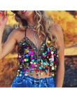 Kobiety 2019 śmieszne Multicolor olśniewająca Tassel syrenka Crop Top festiwal Party klub Bralette frezowanie monety bez pleców 