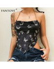 Fantoye Sexy Backless aksamitna kobiet topy motyl drukuj Halter metalowy łańcuch asymetryczna Crop Top Hot Streetwear czarny Tan