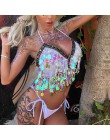 Kobiety 2019 śmieszne Multicolor olśniewająca Tassel syrenka Crop Top festiwal Party klub Bralette frezowanie monety bez pleców 