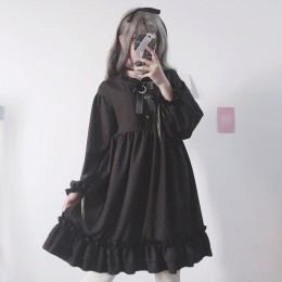 Japoński Harajuku kobiety czarny Ruffles sukienka latarnia rękaw styl Lolita studenta sukienka słodkie Kawaii śliczne łuk dziewc