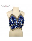 Kobiety 2019 śmieszne Multicolor olśniewająca Tassel syrenka Crop Top festiwal Party klub Bralette frezowanie monety bez pleców 