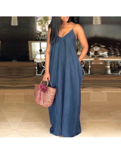 VONDA Sexy bez ramiączek plaża Maxi długa sukienka 2019 lato kobiety V Neck Backless dorywczo luźne stałe Denim sukienki Plus ro