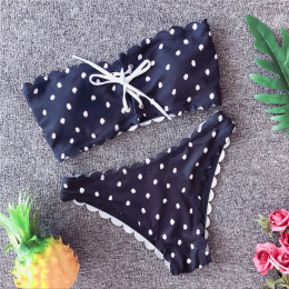 W X Polka dot sexy bikini 2019 Bandeau push up stroje kąpielowe kobiety Lace up biały strój kąpielowy kobiet kwiatowy szeroki st