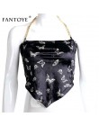 Fantoye Sexy Backless aksamitna kobiet topy motyl drukuj Halter metalowy łańcuch asymetryczna Crop Top Hot Streetwear czarny Tan