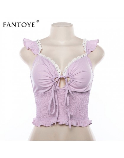 Fantoye wzburzyć wykończenia biały Lace Up Sexy Crop Top kobiety 2019 Cami Tank Top Femme Backless Spaghetti Bralette Crop topy 