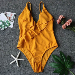 Żółty solidna jeden kawałek strój kąpielowy kobiety wzburzyć stroje kąpielowe kobiet V szyi Monokini kostium kąpielowy kostiumy 