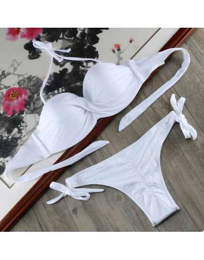 Nowy Plus rozmiar fiszbiny strój kąpielowy biały Sexy Push Up Bikini stroje kąpielowe kobiety Scrunch tyłek bandaż Bikini Set Bi