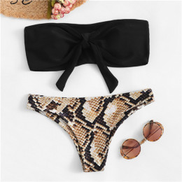 Romwe Sport bikini Set Sexy Tie przednia Bandeau z wężowej druku spodnie i spódnice strój kąpielowy kobiety lato drut bezpłatne 