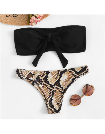 Romwe Sport bikini Set Sexy Tie przednia Bandeau z wężowej druku spodnie i spódnice strój kąpielowy kobiety lato drut bezpłatne 