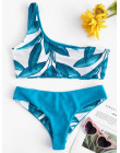 ZAFUL jedno ramię liście drukuj Bikini Sexy strój kąpielowy Push Up strój kąpielowy stroje kąpielowe kostiumy kąpielowe dla kobi