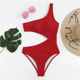 Romwe Sport czerwony jedno ramię wycięcie jednoczęściowy strój kąpielowy kobiety lato zwykły bezprzewodowy wakacje na plaży Sexy