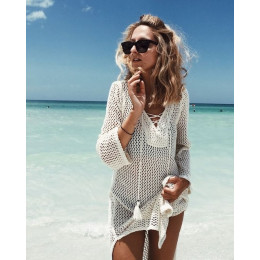 Plaża zakrywający strój kąpielowy Cover Up tuniki na plaży Pareo dla kobiet 2019 Knitting Hollow Saida De Praia Pareo nosić letn