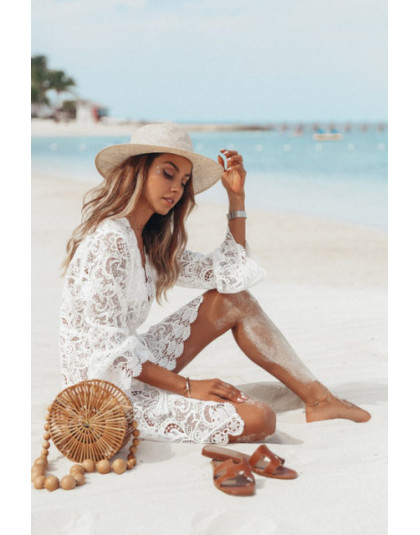 2019 plaża sukienka letnia tunika kobiety osłona do bikini Up Hot kwiatowy koronki Hollow szydełka strój kąpielowy Cover-UP stró