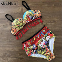 Najchętniej Sexy kwiatowy Print wysokiej talii strój kąpielowy Bikini Push Up stroje kąpielowe kobiety w stylu Vintage Tassel