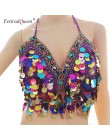 Kobiety 2019 śmieszne Multicolor olśniewająca Tassel syrenka Crop Top festiwal Party klub Bralette frezowanie monety bez pleców 