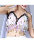 Kobiety 2019 śmieszne Multicolor olśniewająca Tassel syrenka Crop Top festiwal Party klub Bralette frezowanie monety bez pleców 