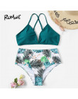 Romwe Sport bikini Set Criss krzyż Top z tropikalnych kwiatowy wysokiej talii spodnie i spódnice dwa kawałki garnitury kobiety l