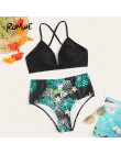 Romwe Sport bikini Set Criss krzyż Top z tropikalnych kwiatowy wysokiej talii spodnie i spódnice dwa kawałki garnitury kobiety l