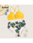 Romwe Sport bikini Set Criss krzyż Top z tropikalnych kwiatowy wysokiej talii spodnie i spódnice dwa kawałki garnitury kobiety l