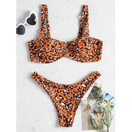 ZAFUL fiszbiny Leopard Demi Bikini strój kąpielowy kobiety stroje kąpielowe Sexy pasy niskiej zwężone Bikini Set jasny pomarańcz