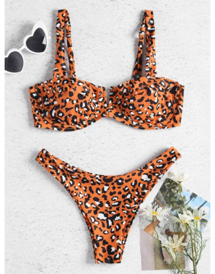 ZAFUL fiszbiny Leopard Demi Bikini strój kąpielowy kobiety stroje kąpielowe Sexy pasy niskiej zwężone Bikini Set jasny pomarańcz