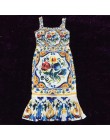 Spaghetti sukienka na ramiączkach 2018 luksusowe niebieski i biały porcelany druku Casual trąbka płaszcza połowy łydki kwadratow