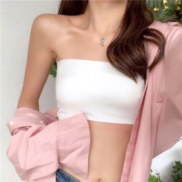 Modny krótki dopasowany bawełniany crop top damski bez ramiączek gładki obcisły biustonosz kolor biały czarny