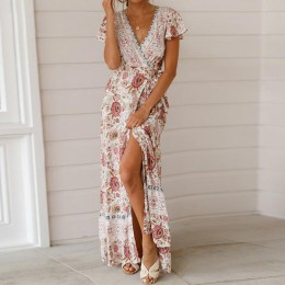 2019 lato kobiety kwiatowy Print Boho sukienka Sexy dekolt w serek wysoka podziel plaża długa sukienka na co dzień z krótkim ręk