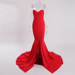 2019 Sexy bez ramiączek wyściełane Mermaid Dress długi podziel przednia Bodycon Off the Shoulder czerwony czarny elegancki piętr