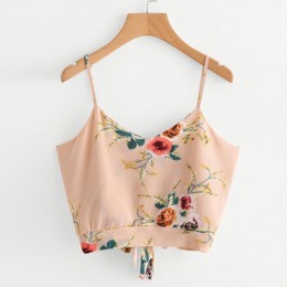 KANCOOLD topy koszulka wysokiej jakości z wiązaniem na plecach dekolt kwiatowy Print Crop Cami Camisole T-Shirt letnie topy dla 