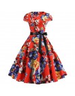 Czerwony sukienka na imprezę kobiety elegancki krótki rękaw kwiatowy nadruk w stylu Vintage suknie Robe Femme 2019 lato nowy Mid
