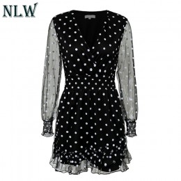 NLW w stylu Vintage dekolt w serek z długim rękawem sukienka biały Polka Dot czarna sukienka kobiety 2019 lato Casual Lace Mesh 