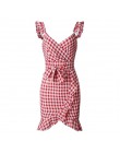 2019 nowy lato sukienka w czerwoną kratę w stylu Vintage plaża Boho sukienka Streetwear Ruffles Spaghetti pasek dekolt w serek S