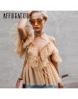 Affogatoo Sexy v neck off ramię peplum bluzka top kobiety plisowana w stylu vintage wzburzyć mesh bluzka koszula dorywczo lato t