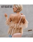 Affogatoo Sexy v neck off ramię peplum bluzka top kobiety plisowana w stylu vintage wzburzyć mesh bluzka koszula dorywczo lato t