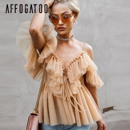 Affogatoo Sexy v neck off ramię peplum bluzka top kobiety plisowana w stylu vintage wzburzyć mesh bluzka koszula dorywczo lato t