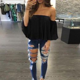 Moda kobiety Off Shoulder Top z długim rękawem sweter na co dzień bluzka Hals Langarm szyfonowa Schulter szyfonowa bluzka 2018 G