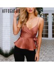 Affogatoo V neck satin cami crop top kobiety regulowany pasek lato koszula popy i bluzki Peplum skrzydła bez rękawów jedwabiu se