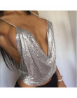 Sexy kryształ Mesh Top kobiet Rhinestone metalowe Crop Top lato złoto srebro świecący drapowana łańcuch Backless klub kamizelka